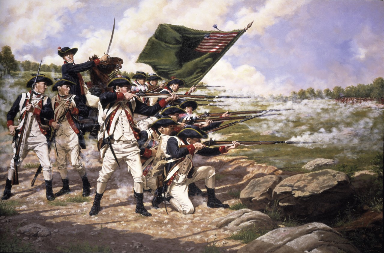 The Battle of Long Island, a National Guard Heritage Painting by 21st century artist Domenick D'Andrea that was created for the National Guard Bureau. The painting depicts the Delaware Regiment at the Battle of Long Island on August
