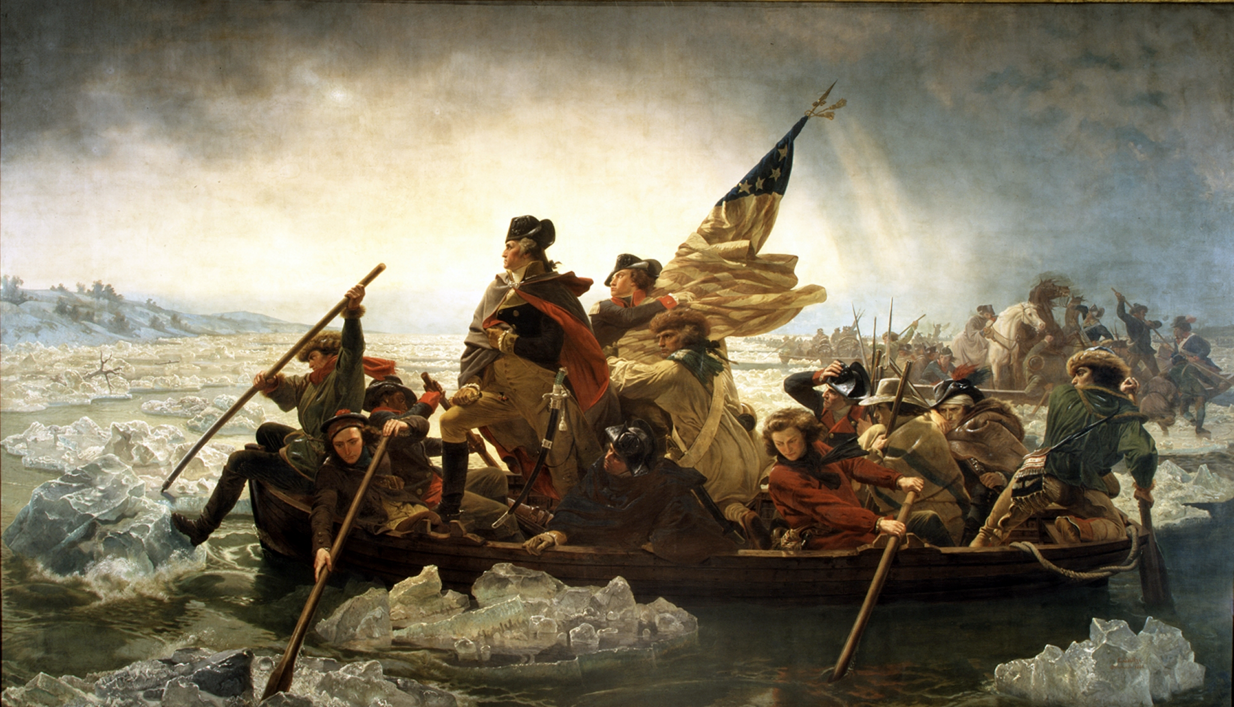 Washington Crossing the Delaware, an iconic 1851 Emanuel Leutze portrait depicting Washington's covert crossing of the Delaware River