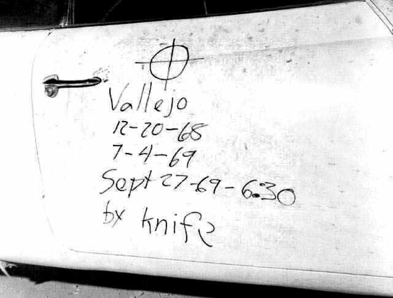 Photo of Bryan Hartnell's car door, where the Zodiac tallied his crimes
