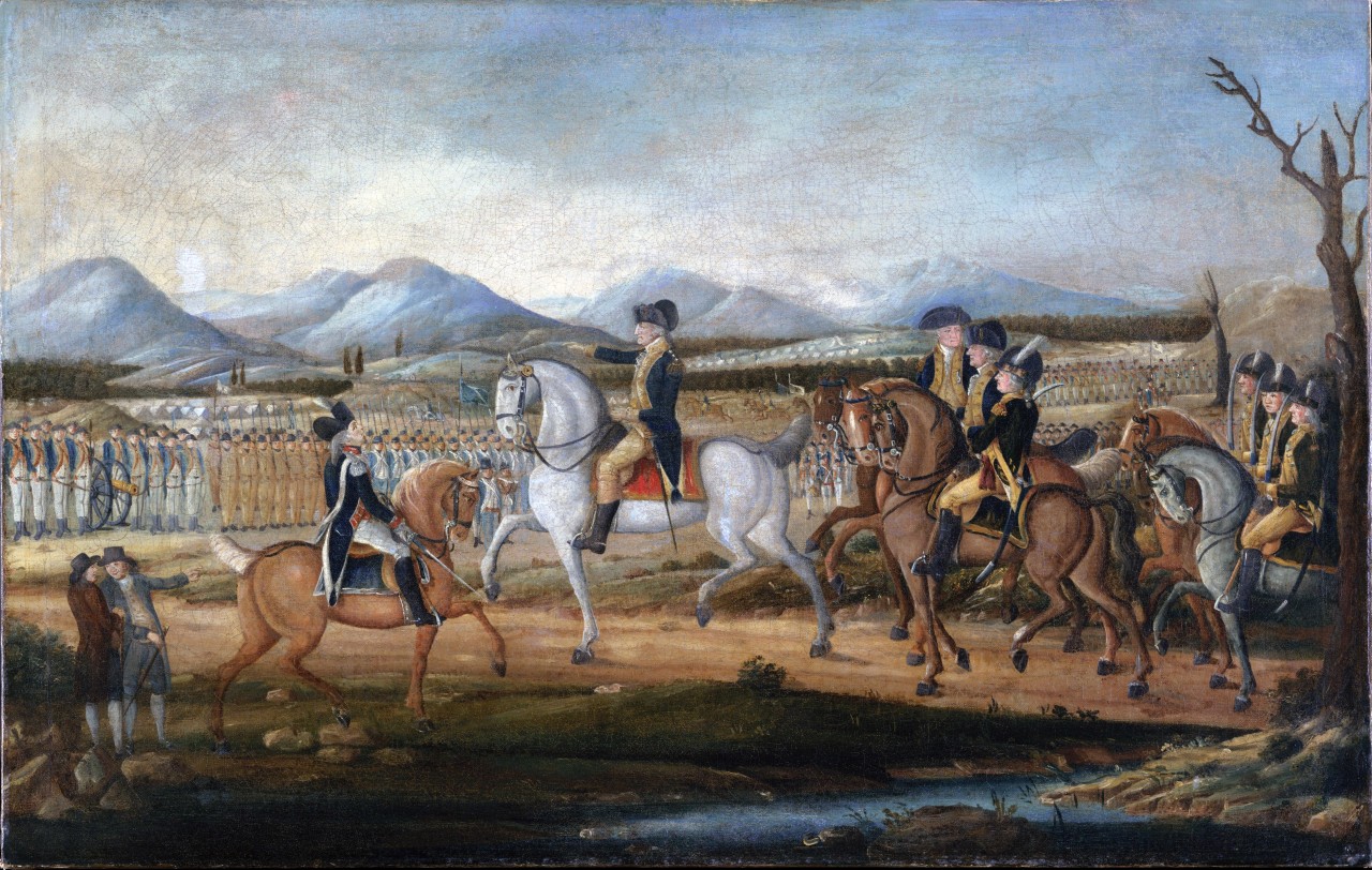 The Whiskey Rebellion: The painting depicts George Washington and his troops near Fort Cumberland, Maryland, before their march to suppress the Whiskey Rebellion in western Pennsylvania