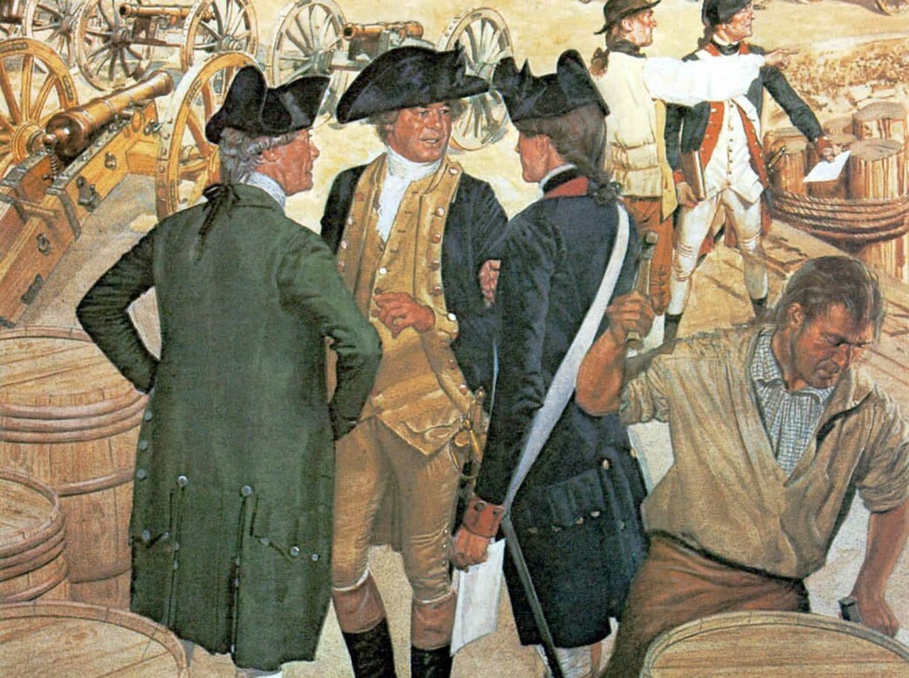An illustration of the Continental Army's Assistant Quartermaster General John Parke and Ezekiel Cheever, civilian commissary of artillery, giving instructions to a captain of artillery on the docks of New London, Connecticut in 1776