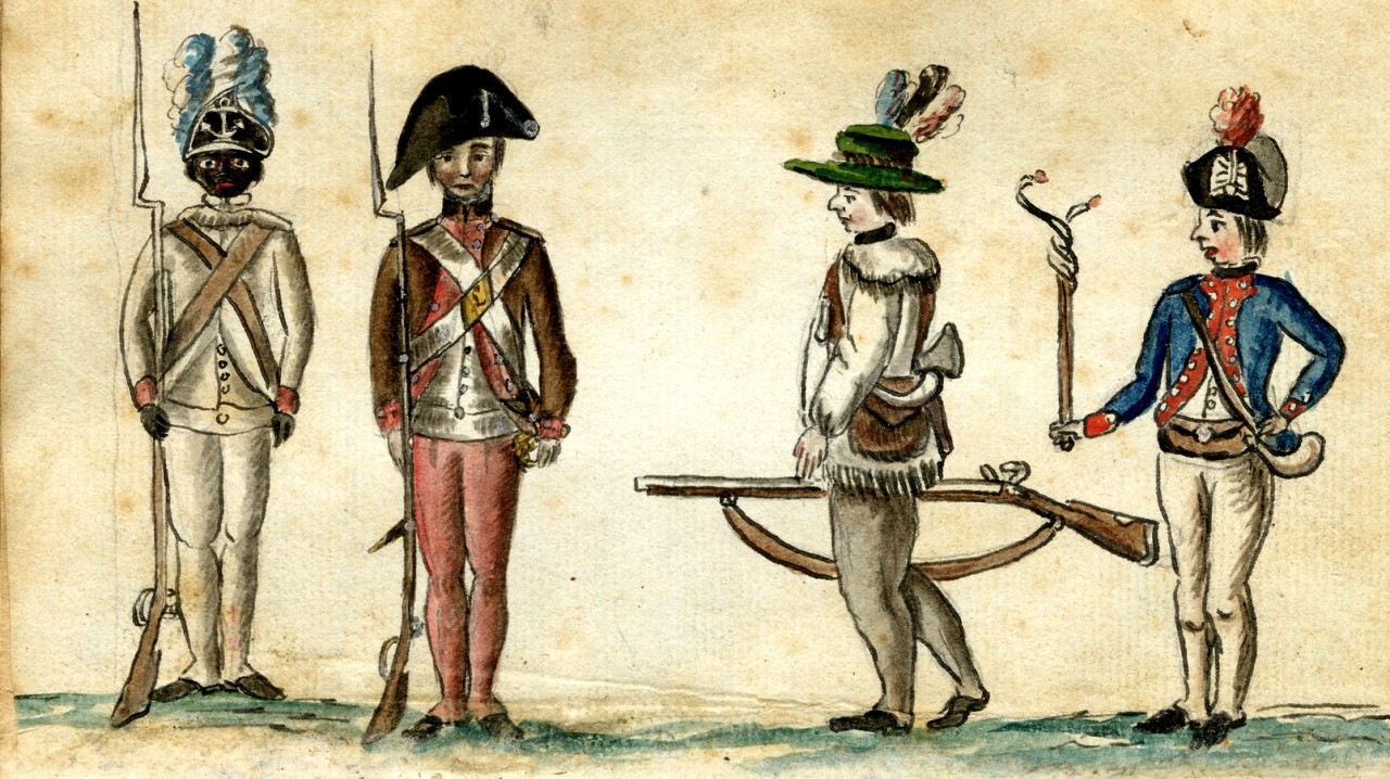 Continental Army soldiers, including one from the 1st Rhode Island Regiment on the left