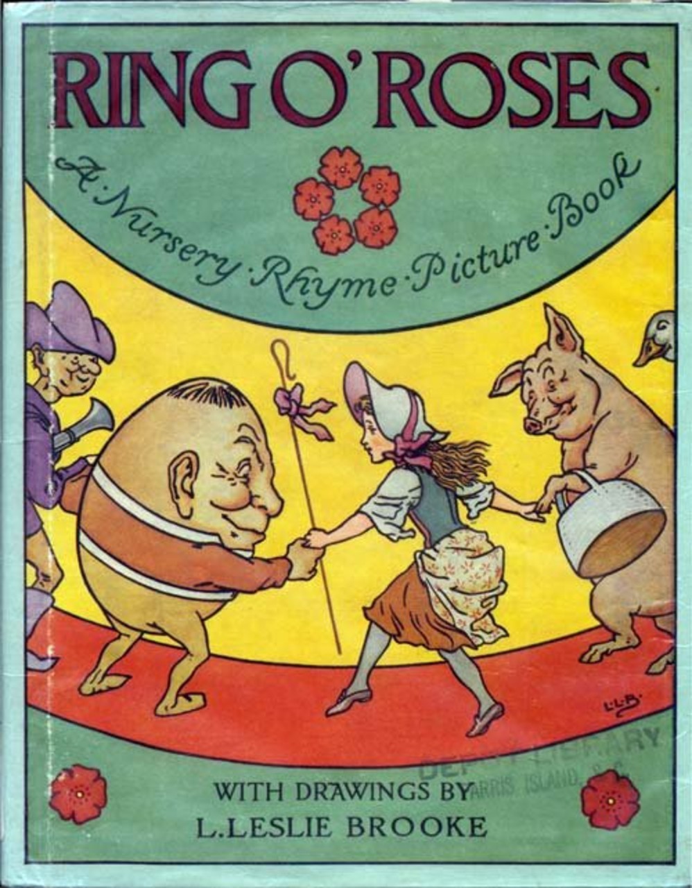 The cover of L. Leslie Brooke's Ring O' Roses (1922) shows nursery rhyme characters performing the game

