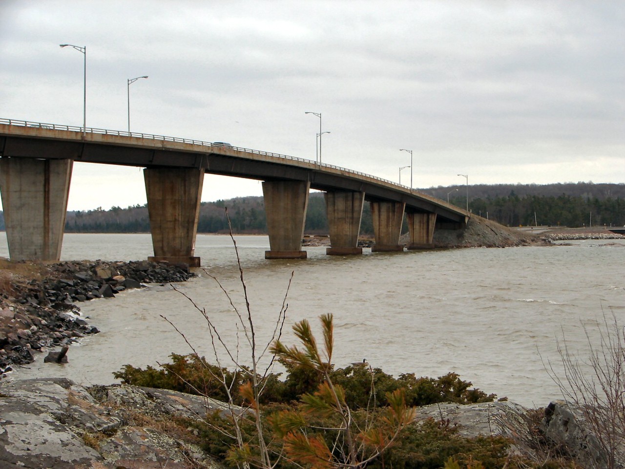 The St. Joseph Island Bernt Gilbertson Bridge, opened in 1972, is seen leading to the island