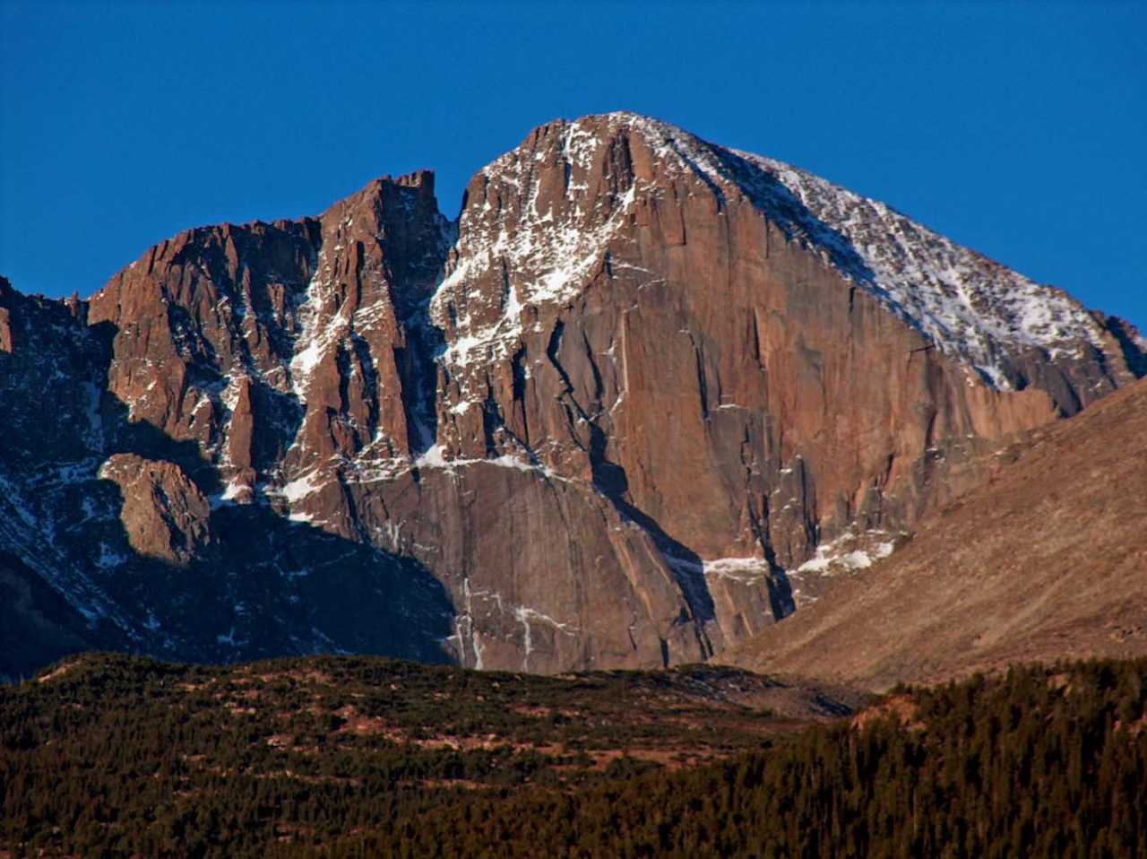 East face of Longs Peak, including The Diamond, showing multiple climbing routes