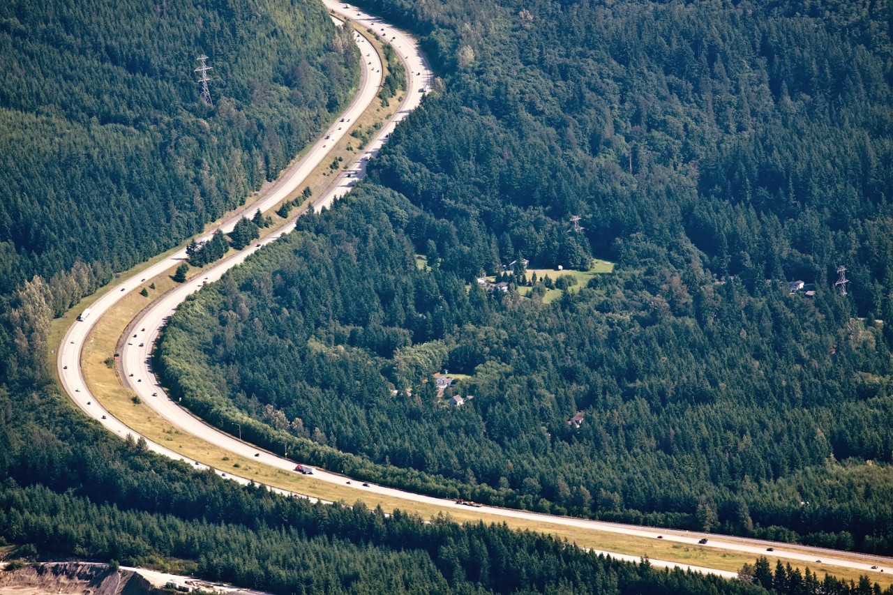 Aerial view of I-90 near North Bend, Washington