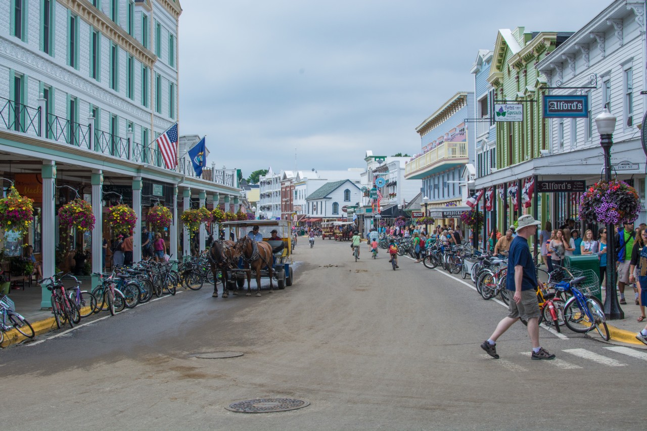 Mackinac Island's main town, looking west. Transportation on the island is by horse, bike, or foot