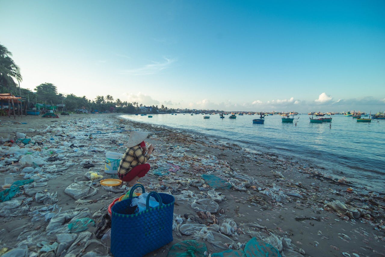 Beach Littered with Plastic Waste 