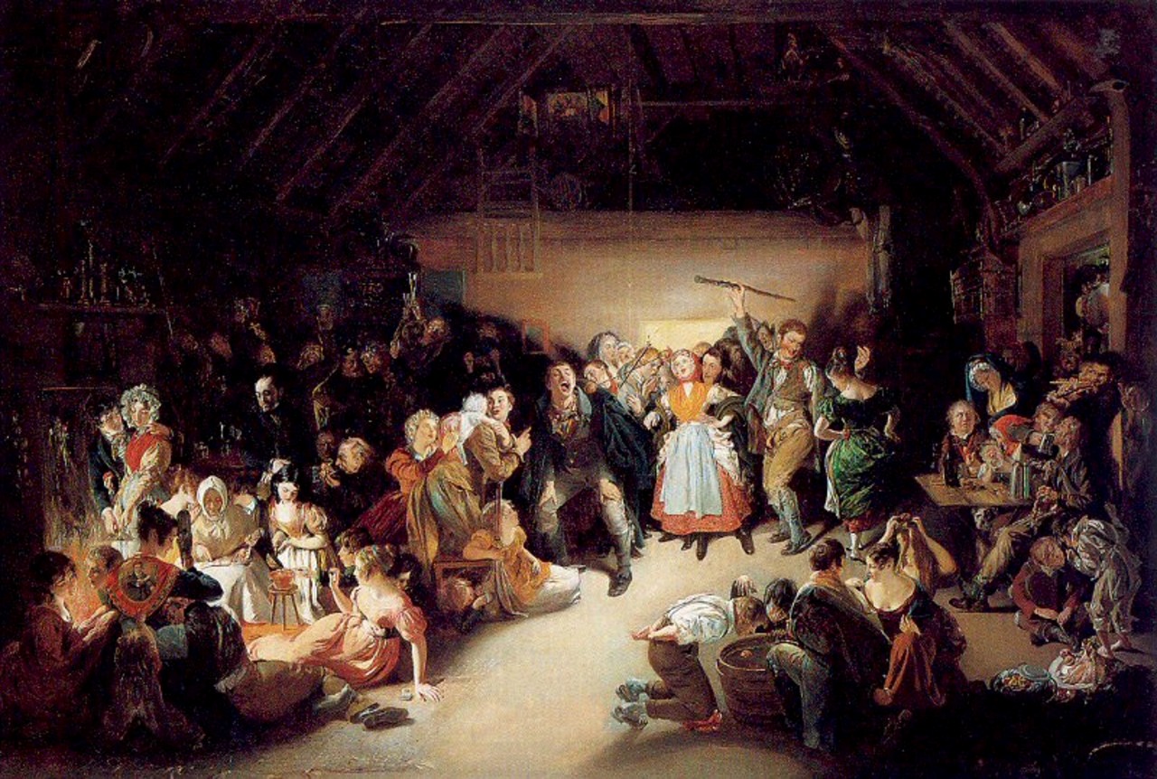 Snap-Apple Night, or All-Hallow Eve, painted by Daniel Maclise in 1833, shows people feasting and playing divination games on Halloween
