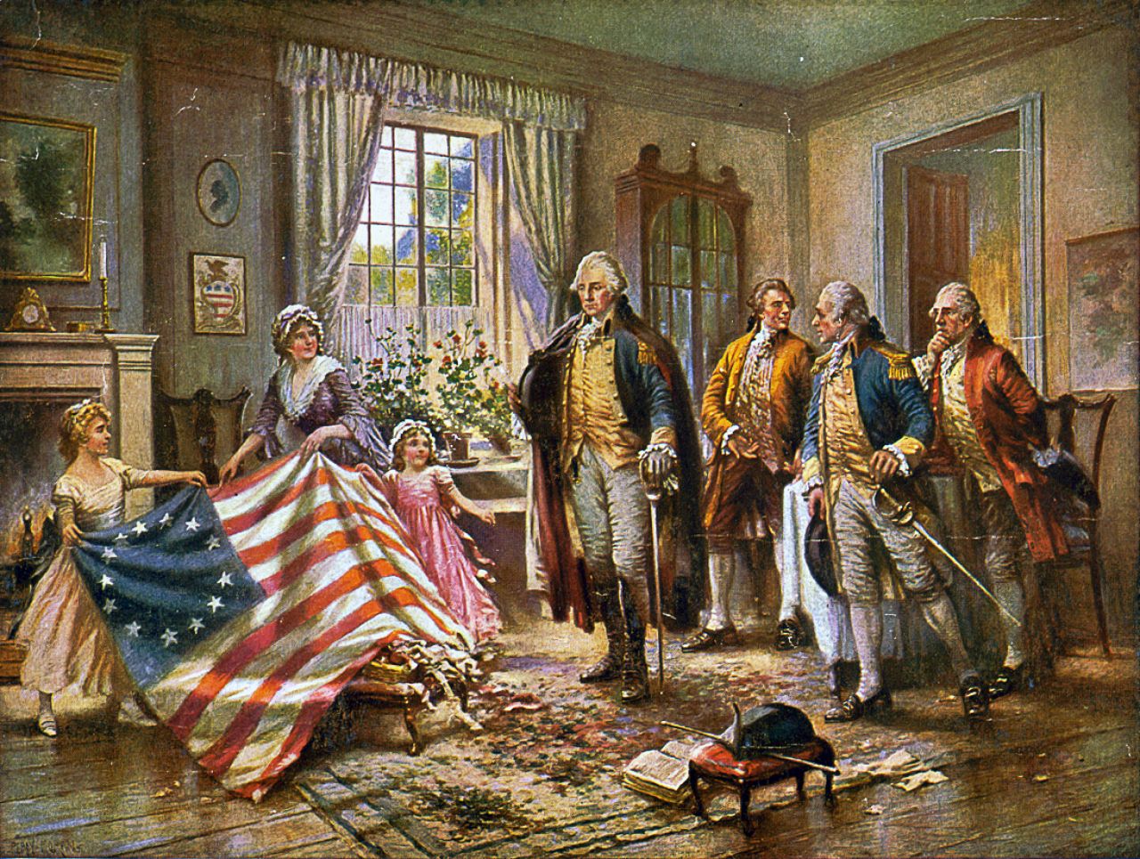 Painting depicting the story of Betsy Ross presenting the first U.S. flag to General George Washington, by Edward Percy Moran
