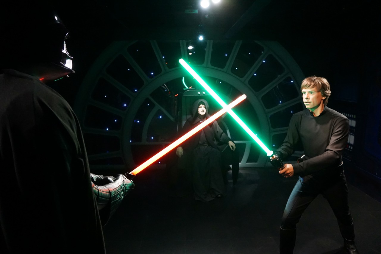  A wax figure tribute to Darth Vader (left), Emperor Palpatine (center), and Luke Skywalker (right) at Madame Tussauds in London