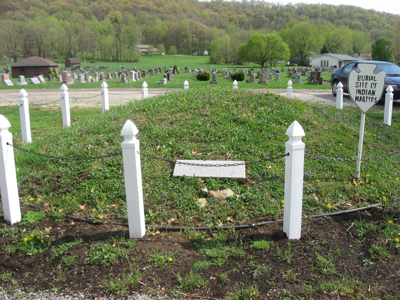 Burial mound containing the mass grave of those killed in the Gnadenhutten massacre, located in the cemetery at Gnadenhutten, Ohio, United States