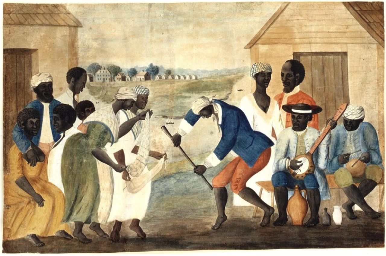 The Old Plantation (anonymous folk painting). Depicts African-American slaves dancing to banjo and percussion