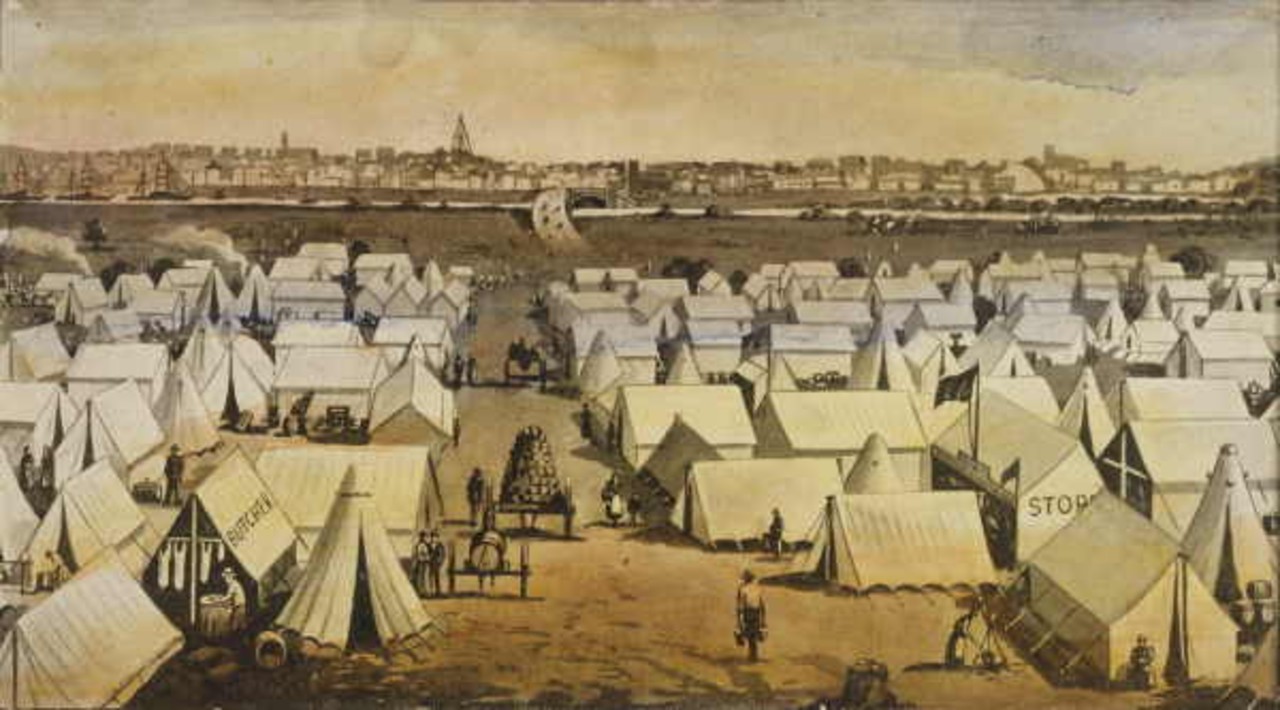 "Canvas Town" – South Melbourne, Victoria. Temporary accommodation for the thousands who poured into Melbourne each week in the early 1850s during the Victorian gold rush