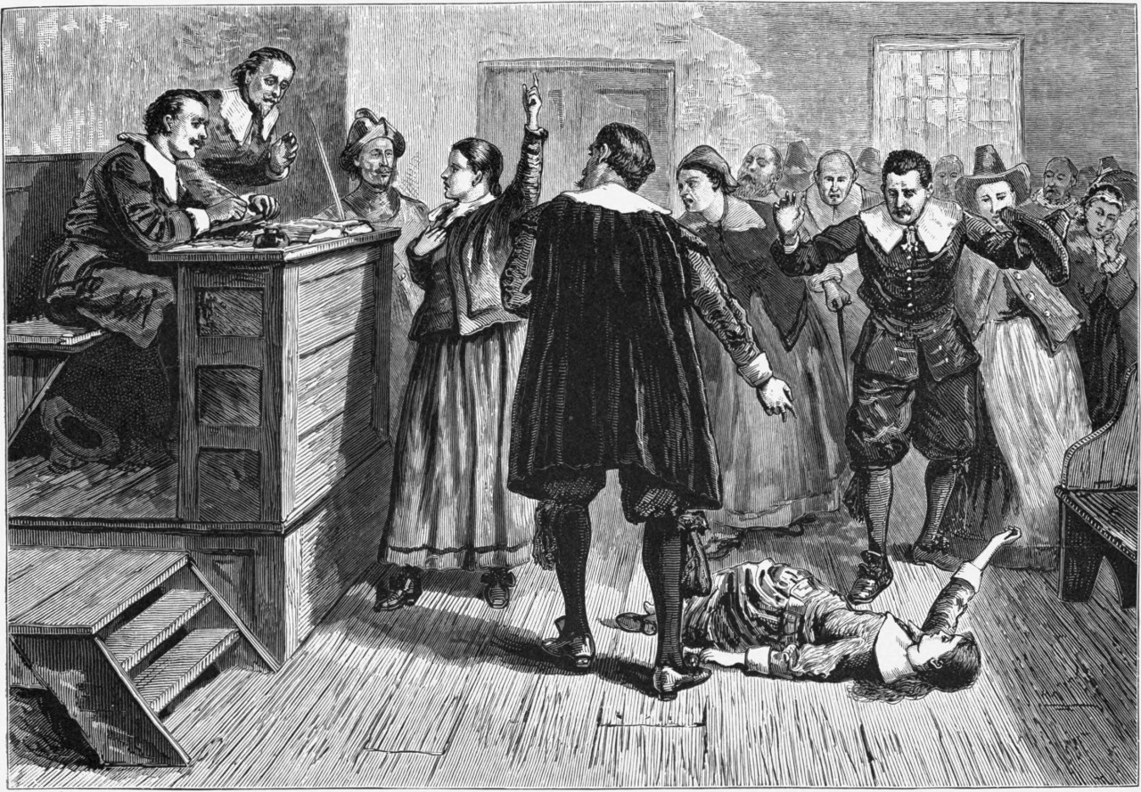 Witchcraft at Salem Village. Engraving. The central figure in this 1876 illustration of the courtroom is usually identified as Mary Walcott