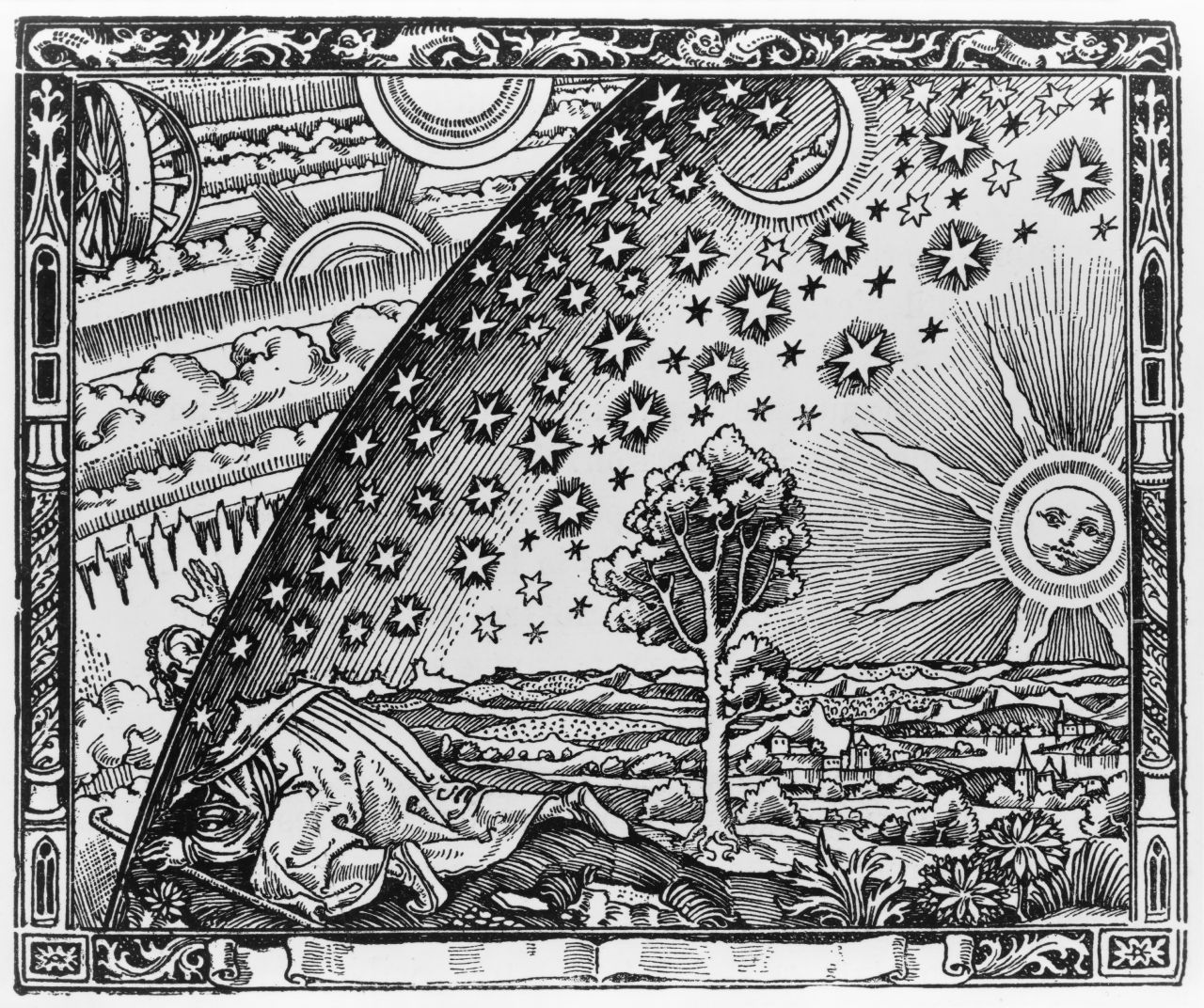 The famous "Flat Earth" Flammarion engraving originates with Flammarion's 1888 L'atmosphère: météorologie populaire (p. 163).