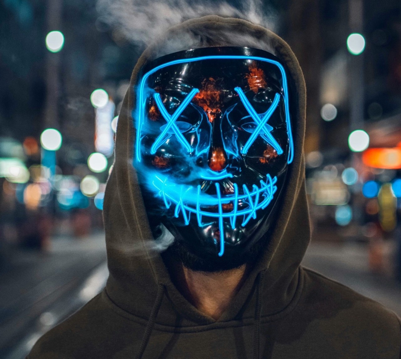 Wearing full-face LED masks in public shopping areas