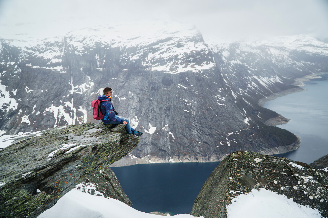 Trolltunga cliff under snow in Norway.