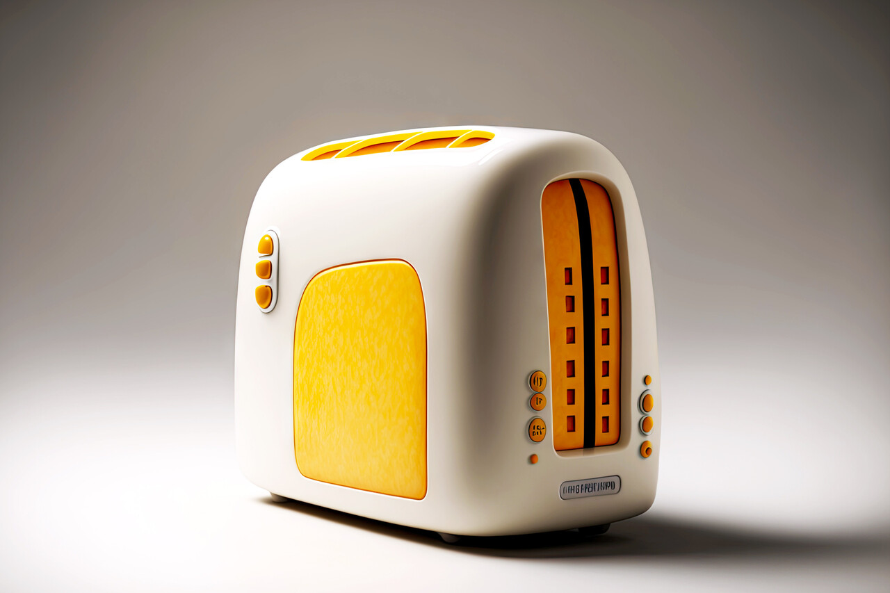 white toaster with yellow edging in shape of piece of bread