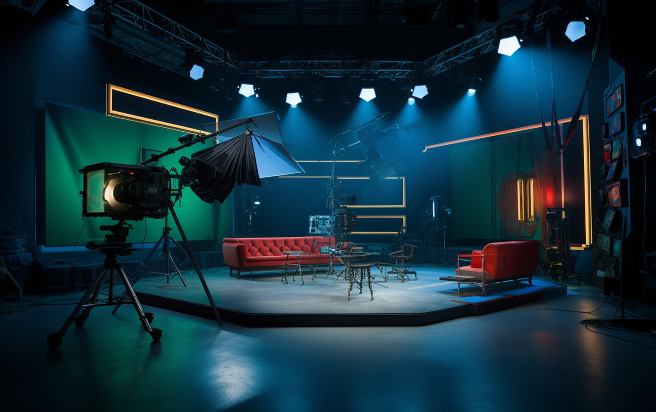 A small regional TV studio with a single microphone, a stool, and a holiday wreath hung behind the performance space.