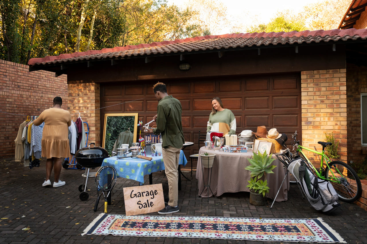 A backyard with a small table or setup that looks like a craft or service station.
