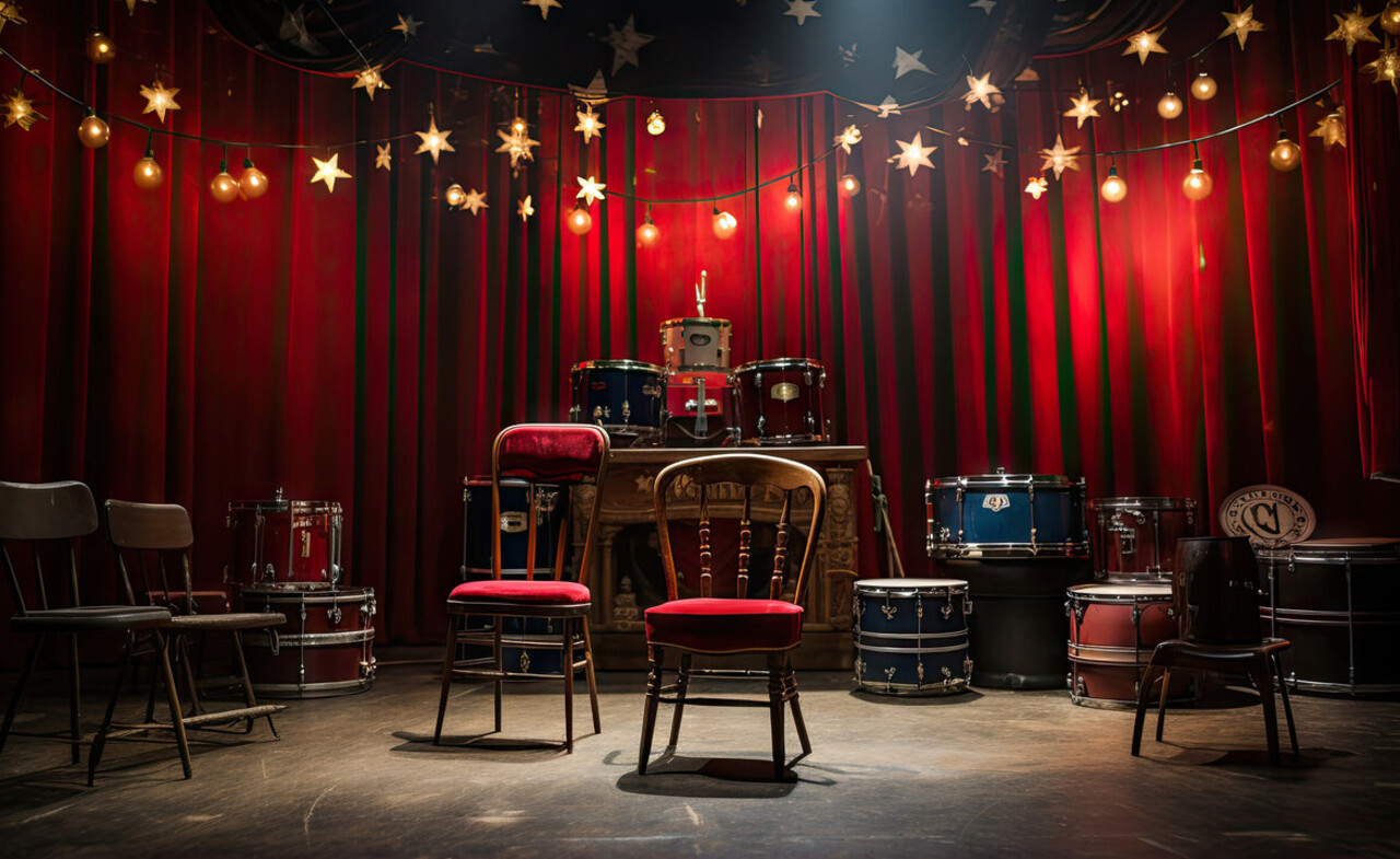 A vintage variety-show stage with silent-comedy props arranged under bright studio lamps.