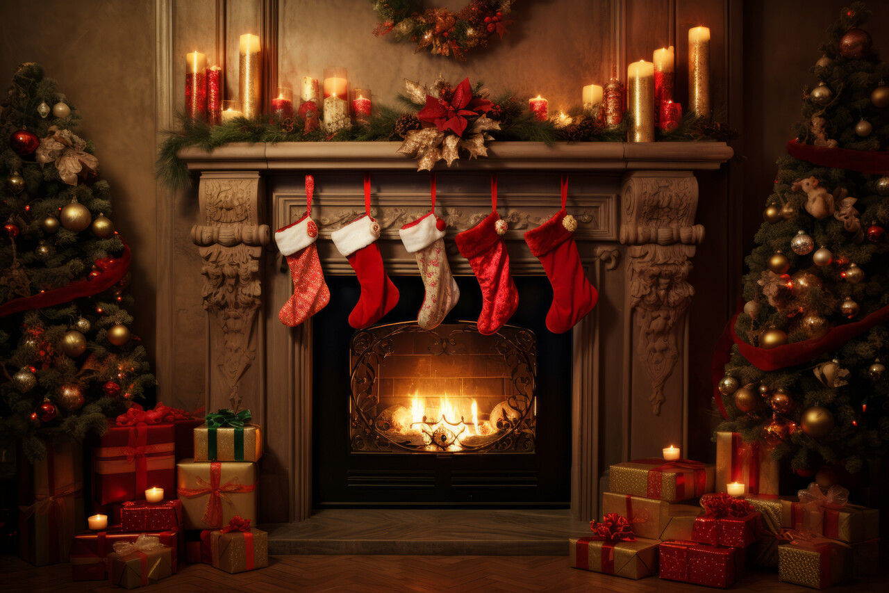 A cozy fireplace with stockings hung in Victorian style.