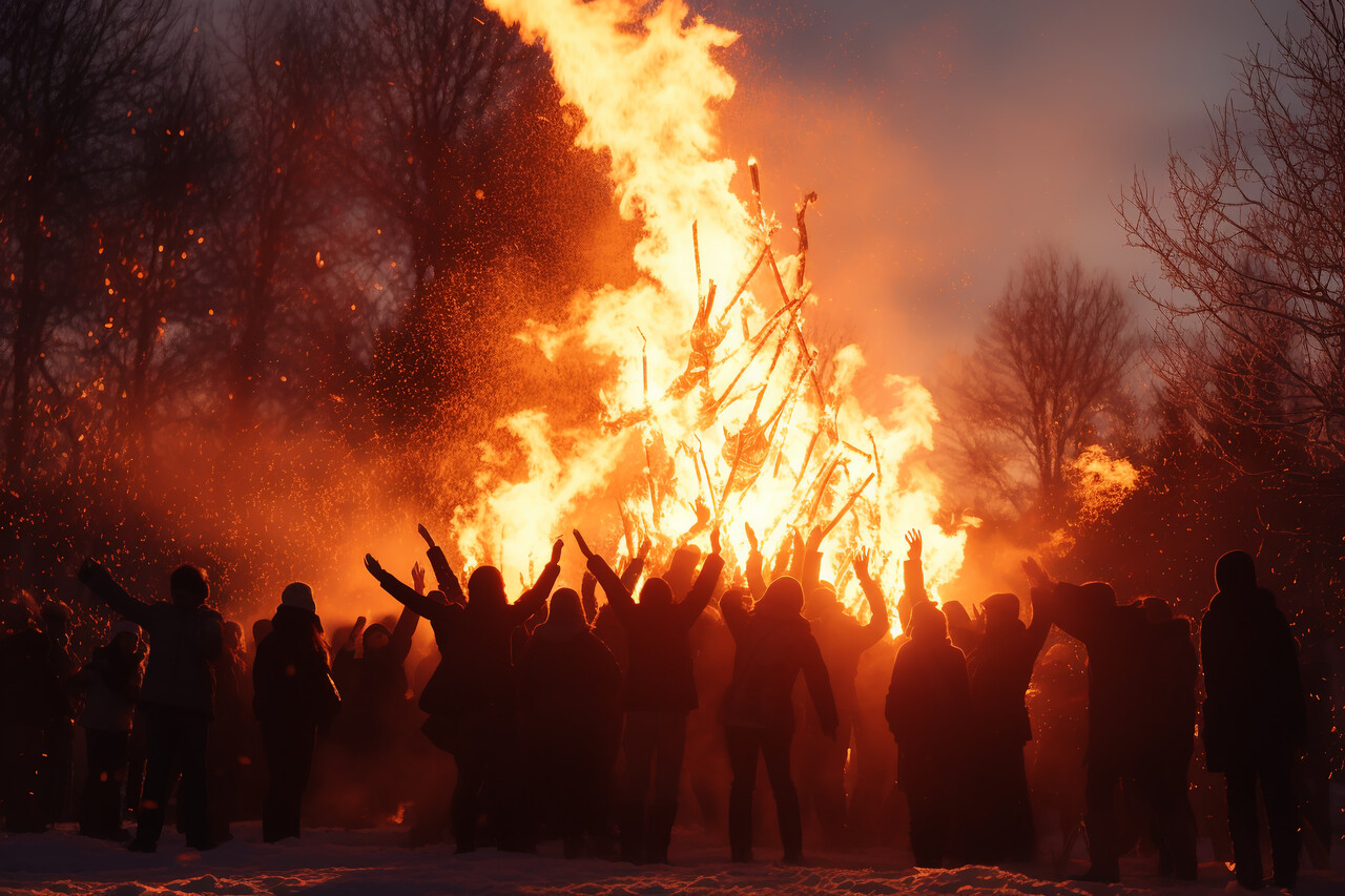 Traditional European midwinter bonfire on open land.