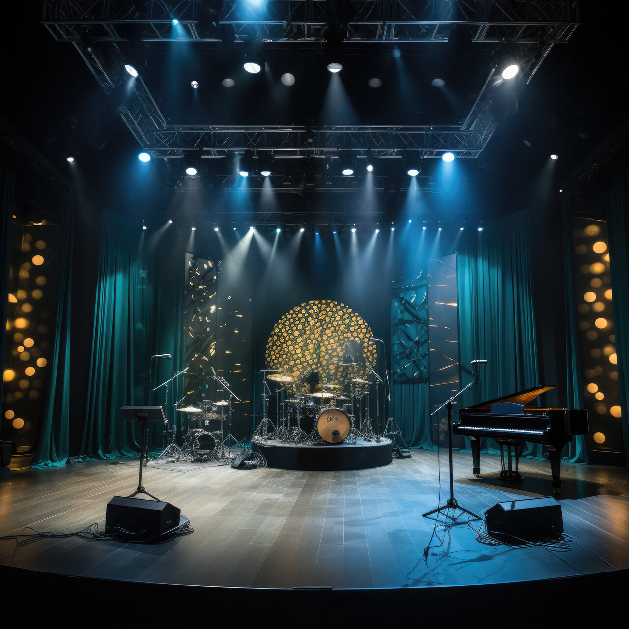 A small live studio stage decorated with minimal holiday scenery and an orchestra pit visible at the edge of the frame.