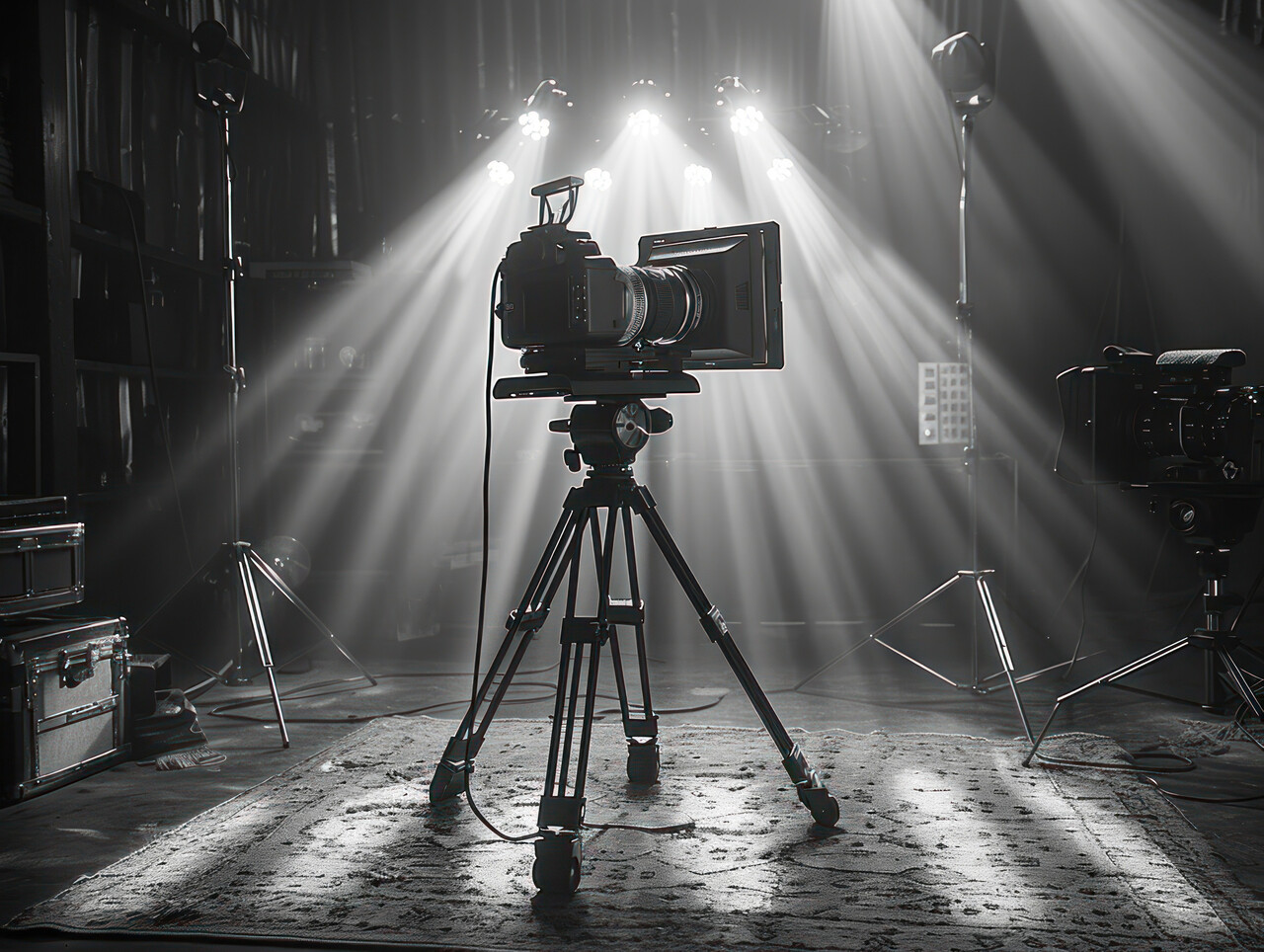 A black and white studio camera pointed at a live stage setup with simple Victorian props under bright broadcast lights.