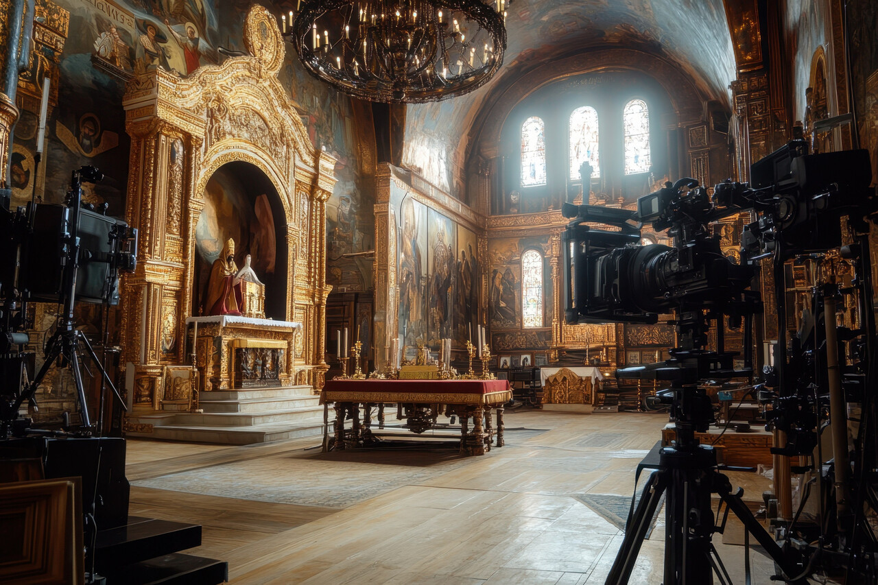 An interior view of an old cathedral nave with large choir risers and a vintage broadcast camera positioned near a pillar.