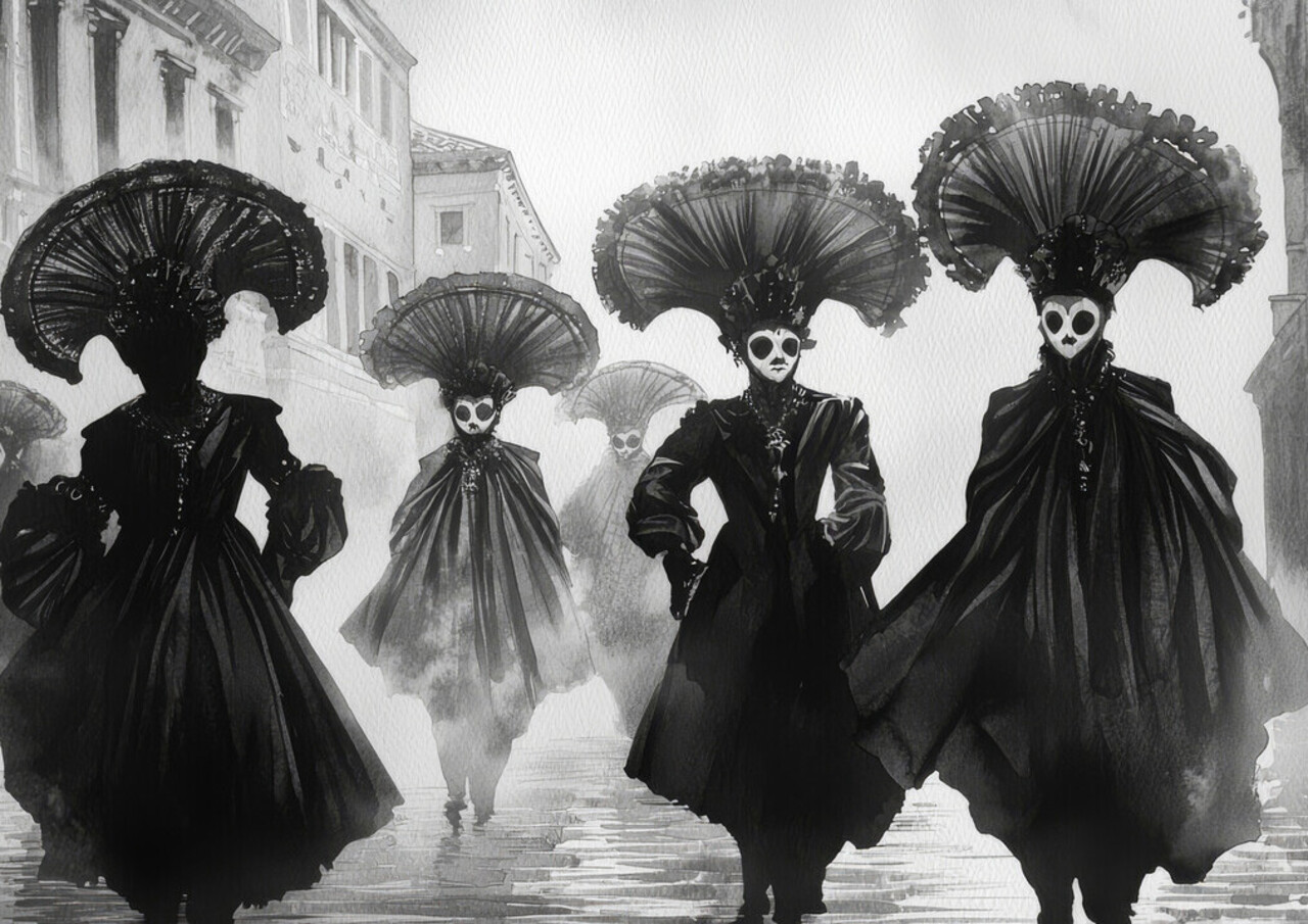 Historic print showing masked mummers walking through a village.