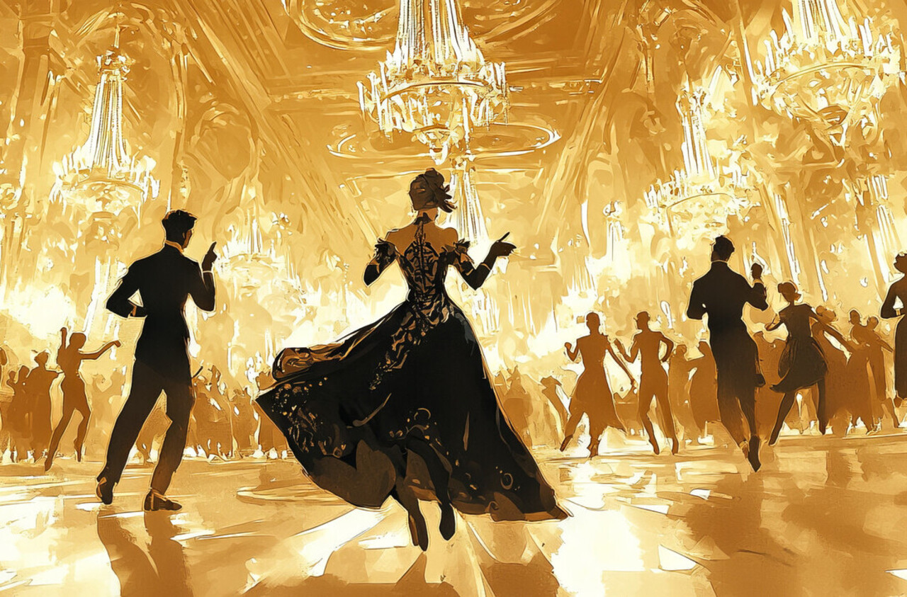 Old ballroom illustration with masked dancers.