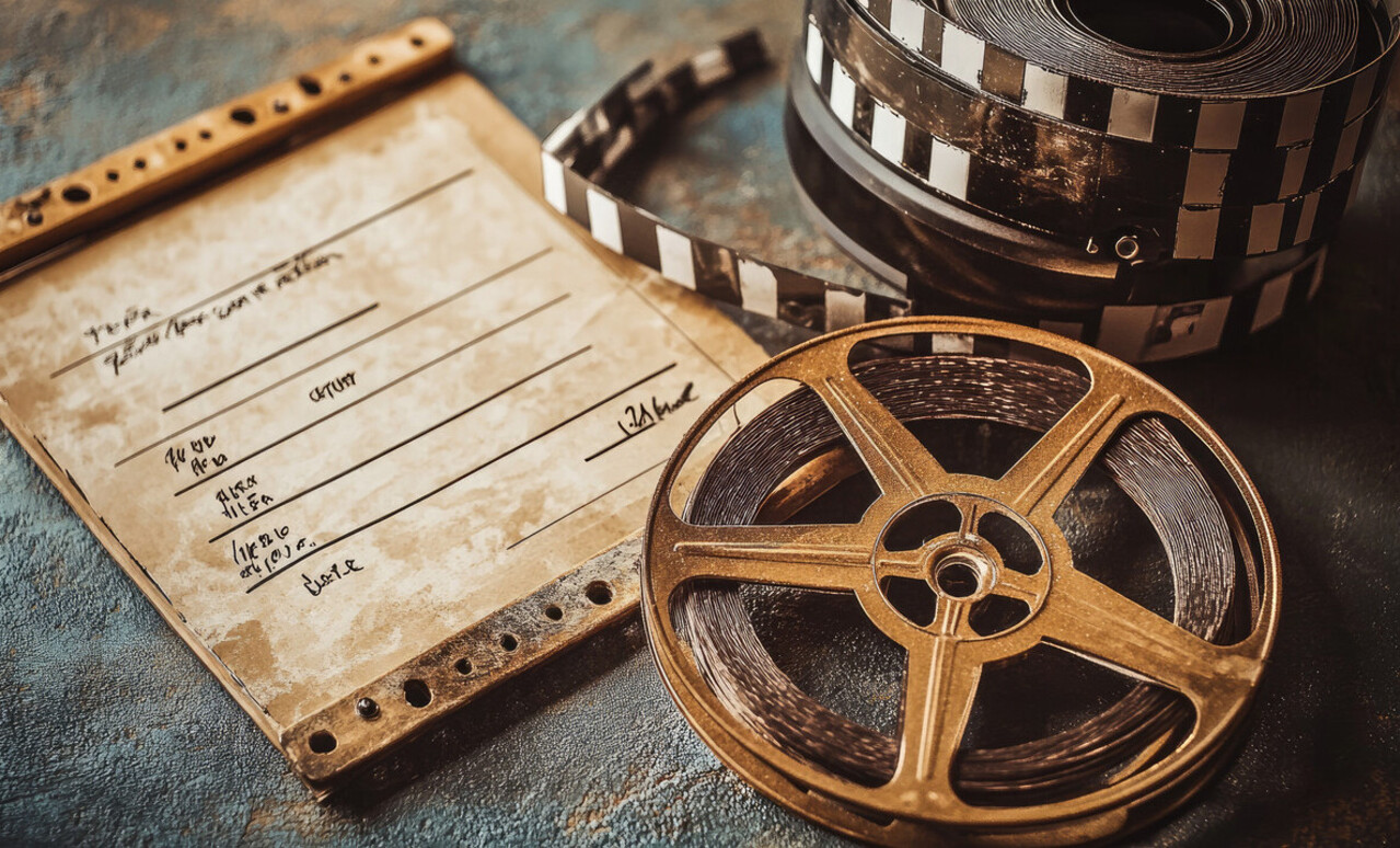 Close-up of animation cels on a light table with penciled notes beside a small stack of film reels.