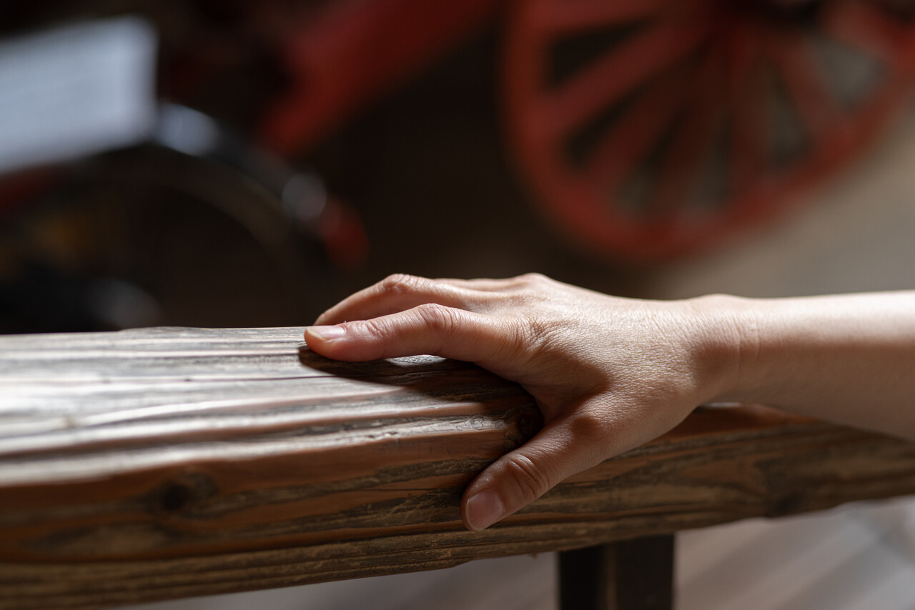 A traveler’s hand tapping a wooden carriage frame before entering a forest path.