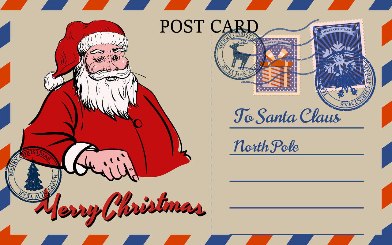 A vintage postcard featuring Santa at the North Pole.
