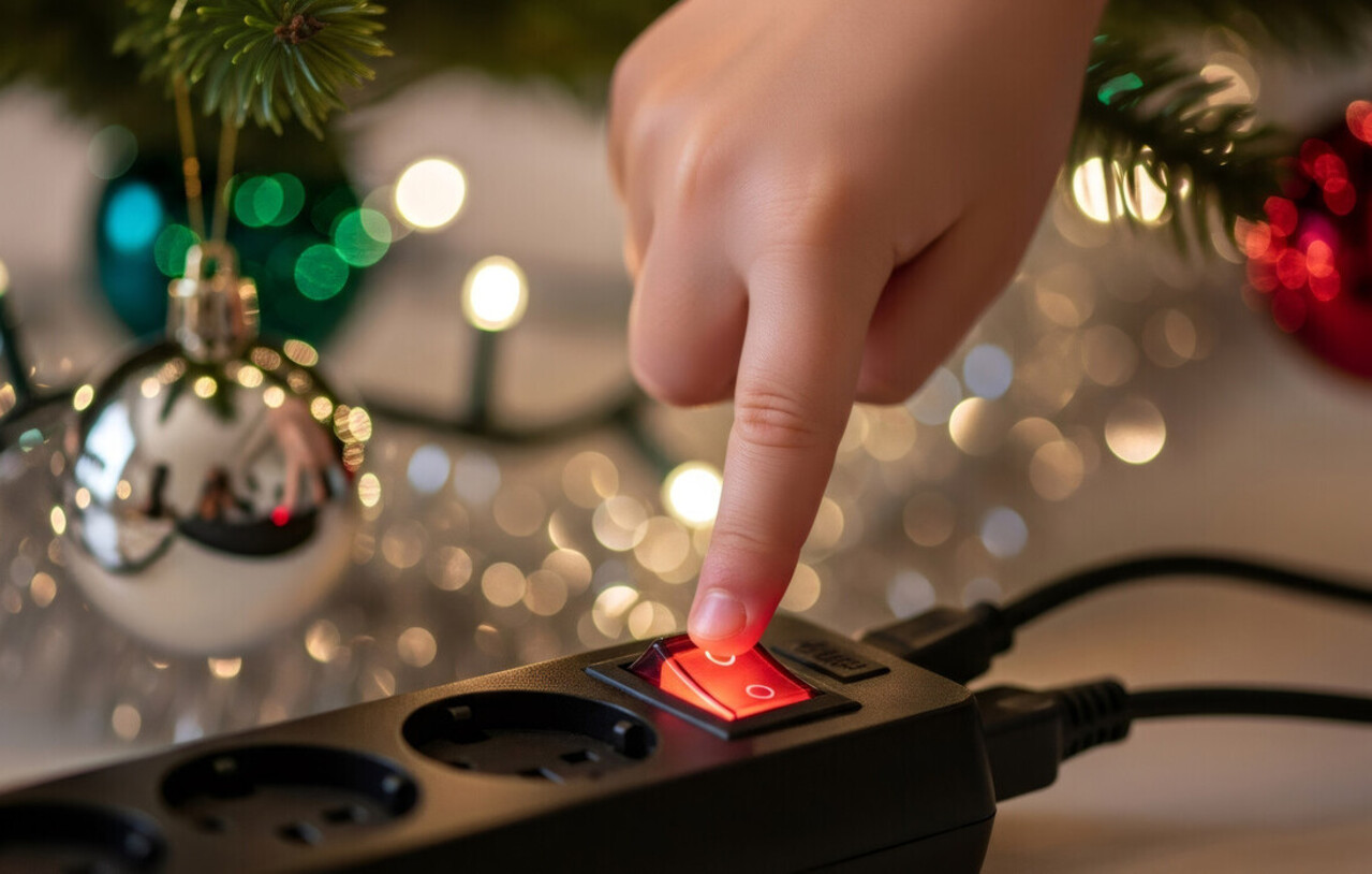 A person’s hand unplugging Christmas lights from a wall outlet in a dim room.