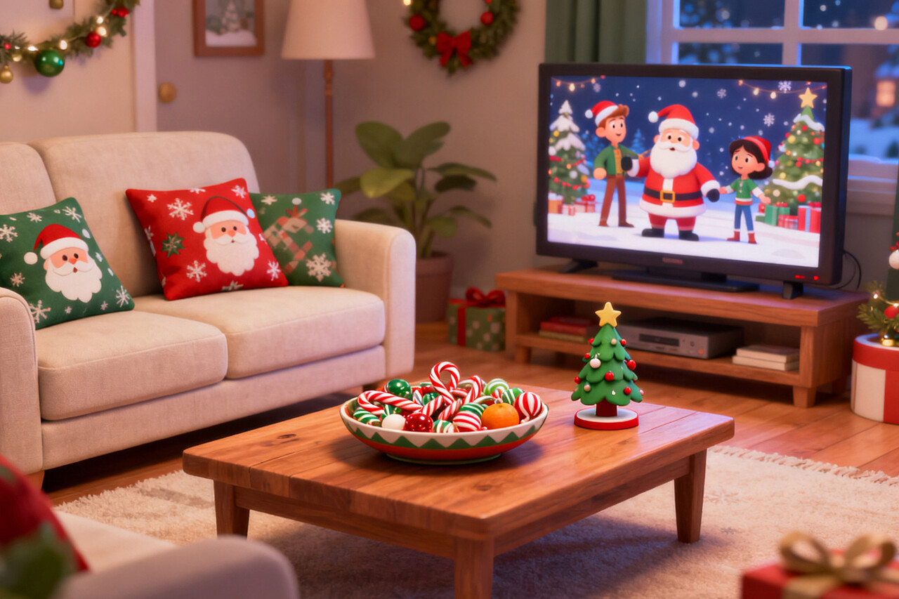 Use a festive living-room scene with a TV in the background showing a holiday special.