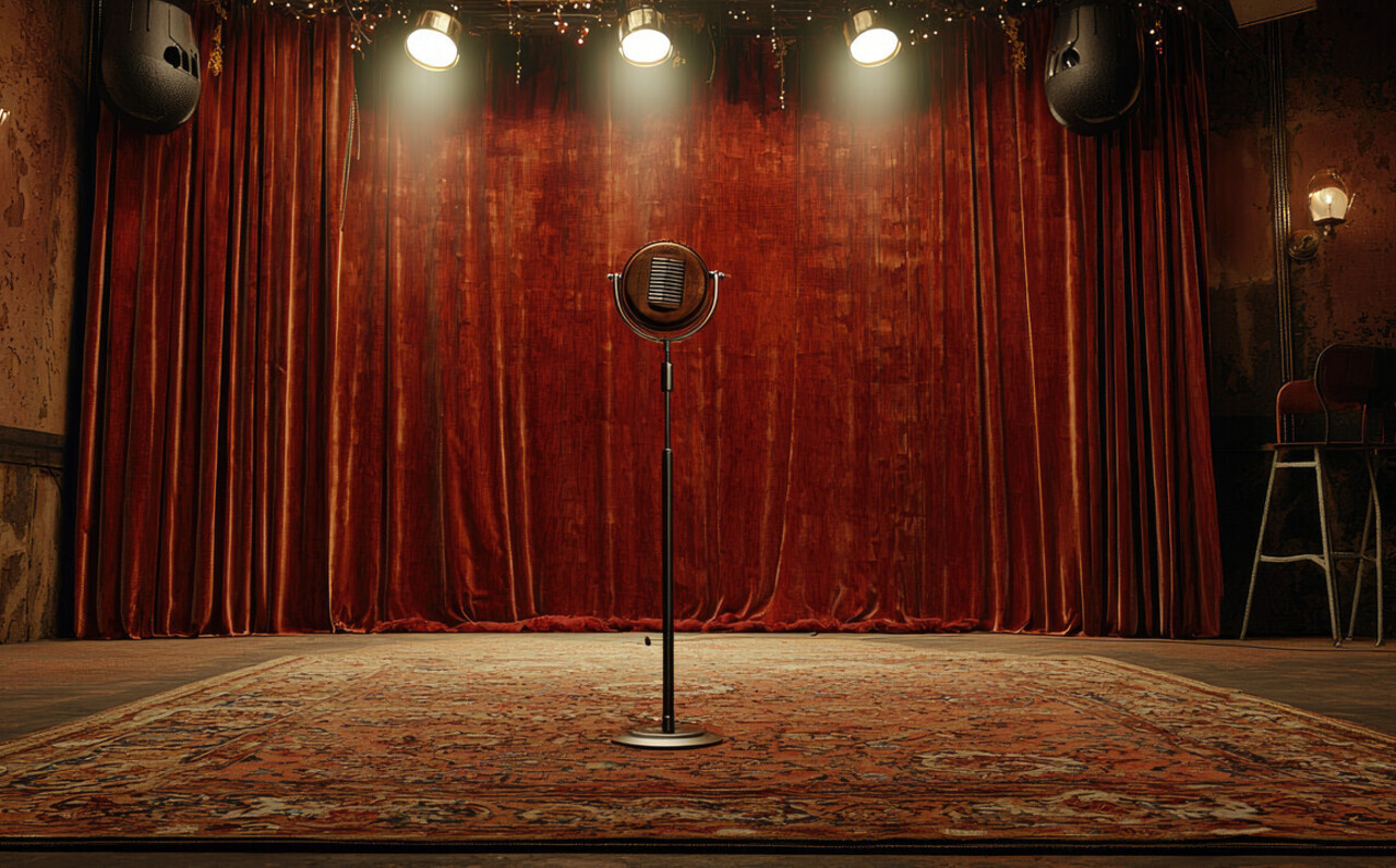 A production still from a 70s variety show set with colorful curtains and stage microphones arranged for a comedy sketch.