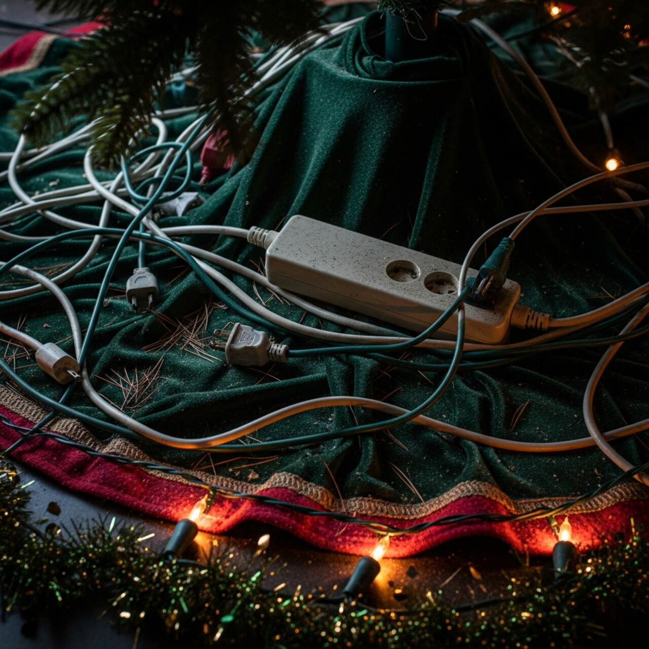 A power strip overloaded with plugs and tangled holiday cords.