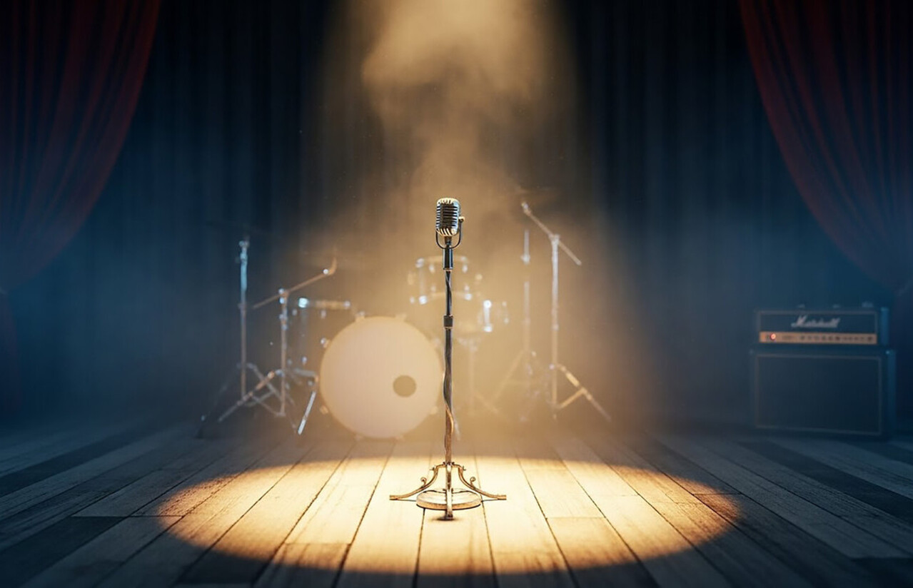 A dimly lit rehearsal stage with a single spotlight aimed at a vintage microphone and sheet music on a stand.