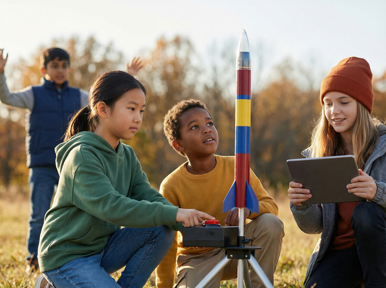 Teens preparing a small model rocket on a grassy field, with a launch pad visible in the corner of the frame.
