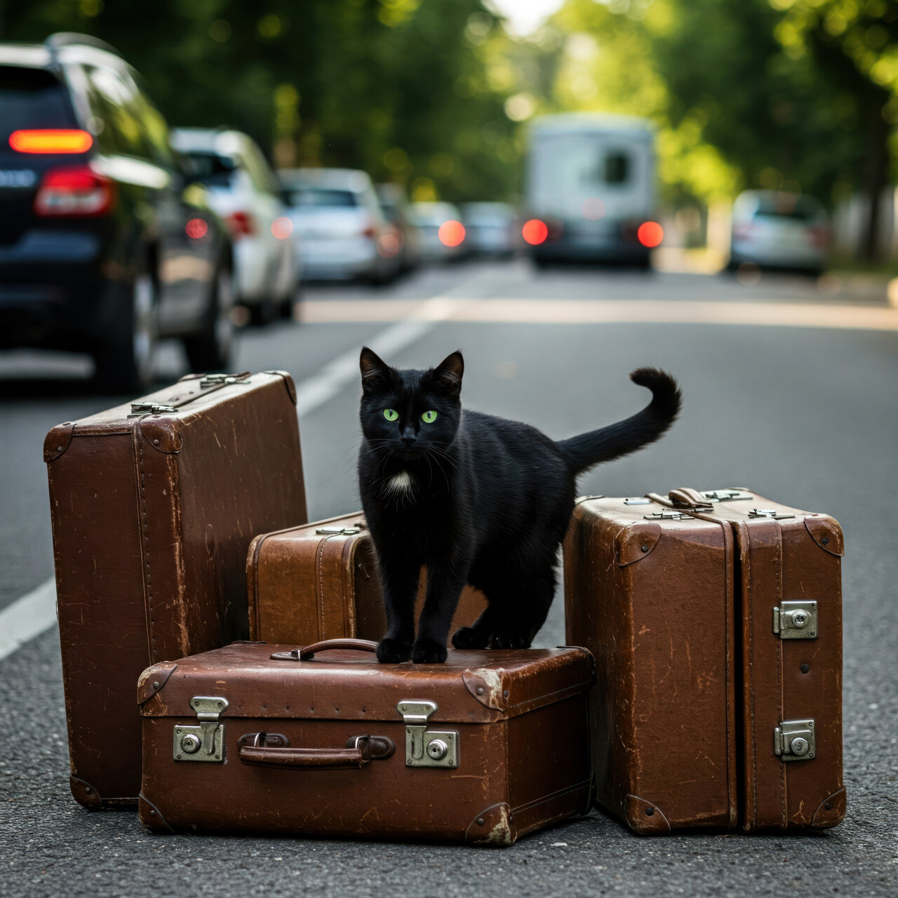 A black cat sitting near a cobblestone path as a traveler hesitates with packed bags.