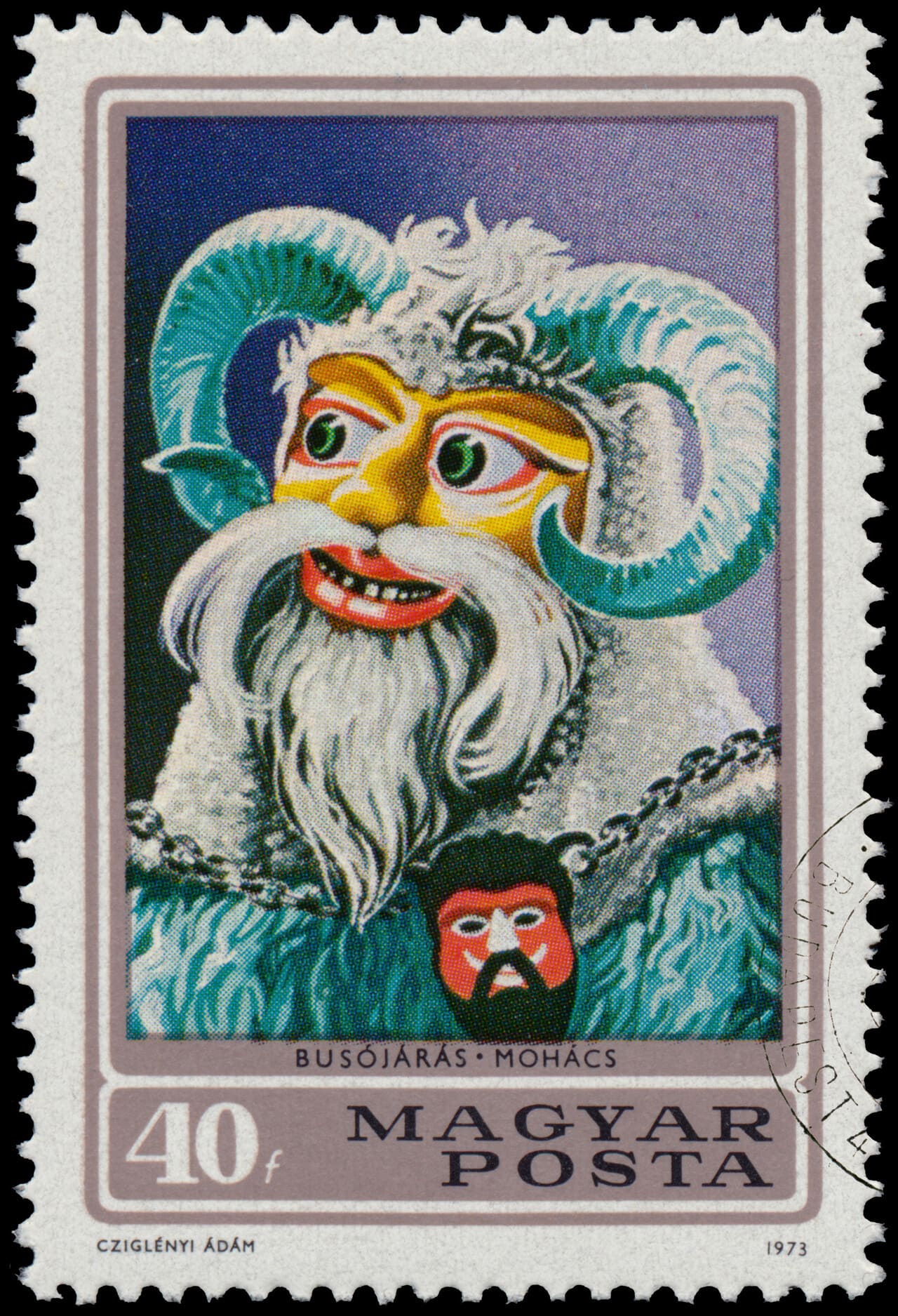 Vintage postcard showing a traditional Krampus figure holding bells or switches.