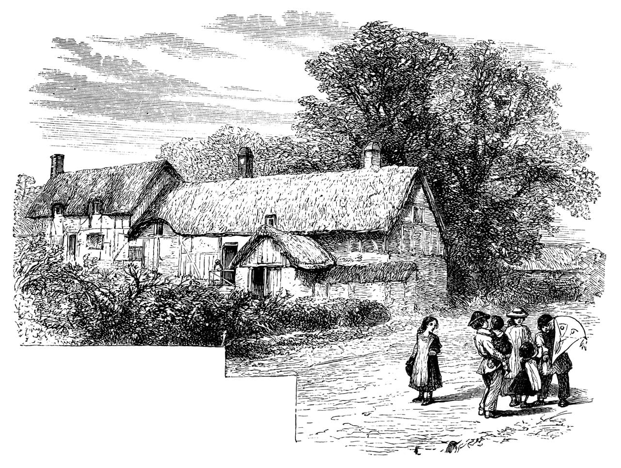 Nineteenth-century illustration of wassailers outside a cottage.