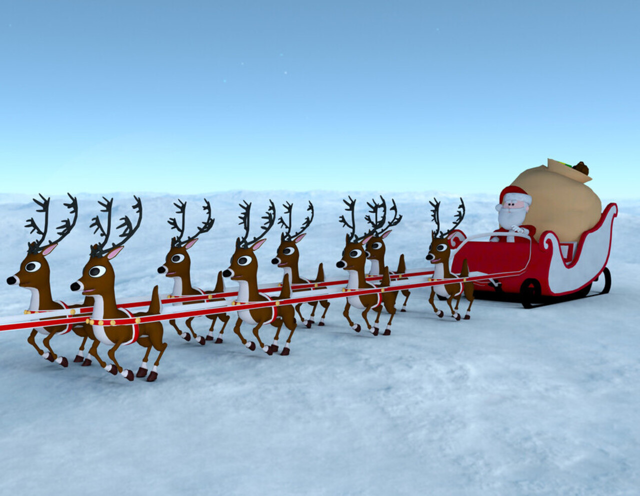 An illustrated reindeer lineup with Rudolph highlighted.