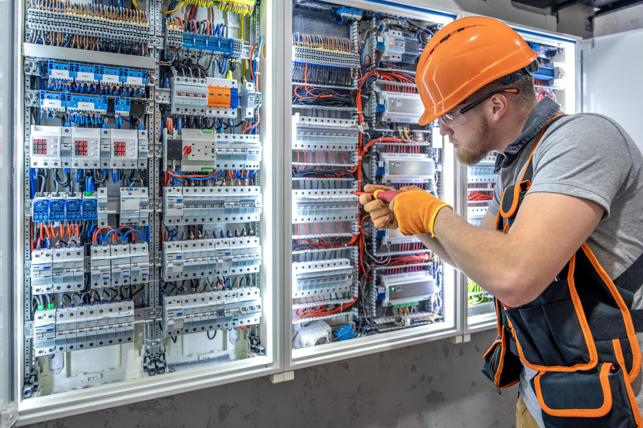 A licensed electrician working inside a breaker panel.