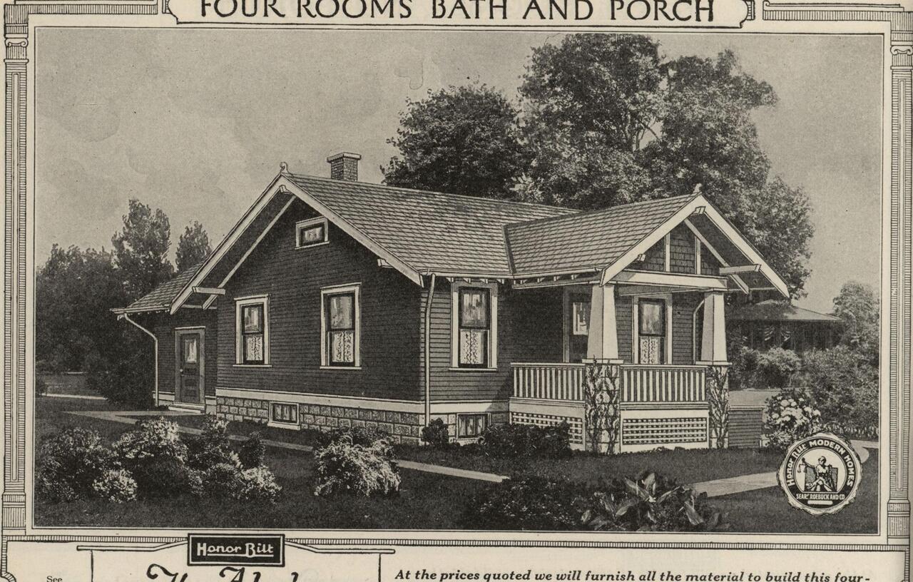 A black-and-white archival photo of a Sears Modern Homes catalog page showing house illustrations.