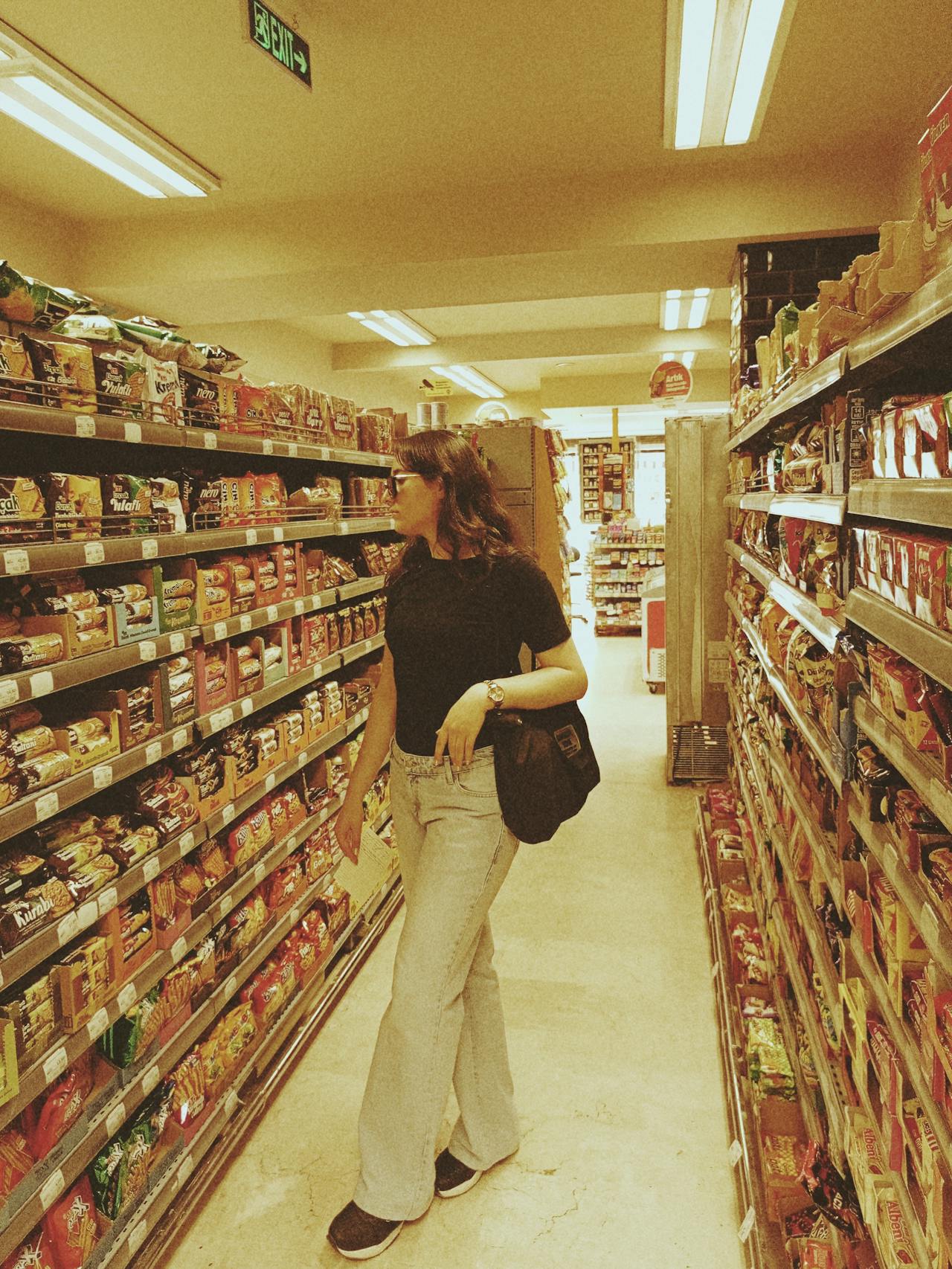 A grocery shelf showing packaged foods