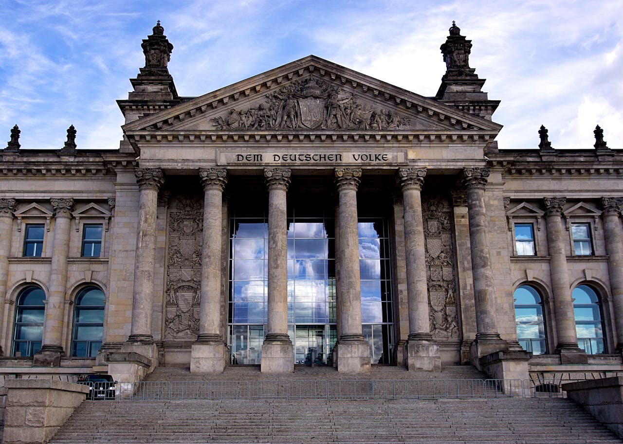 A structured architectural scene like stone steps or an old government building
